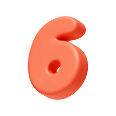 Voluminous Number 6. Six Number sign red soft color. Realistic 3d design in cartoon style. Isolated on white background. vector illustration