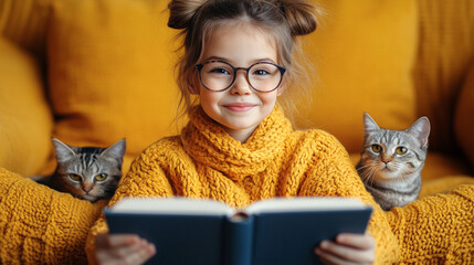 Young avid reader enjoying a book with her two cats on a cozy couch, surrounded by warmth and comfort.