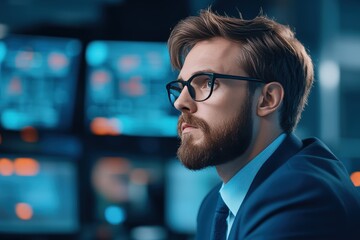 Fototapeta premium Focused News Anchor Preparing to Deliver Breaking Update in High-Tech Newsroom Setting