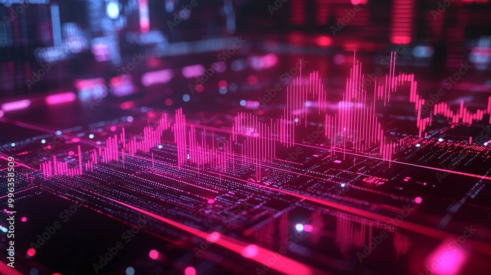 Poster abstract digital interface with pink data graphs and lines against a dark background, showcasing adv