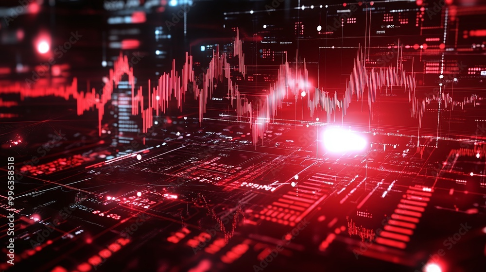 Poster abstract digital interface with red data visualization and signals.