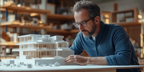 Architect refining model in workshop, soft focus background, bright even illumination, creative design atmosphere, hands-on approach to architecture