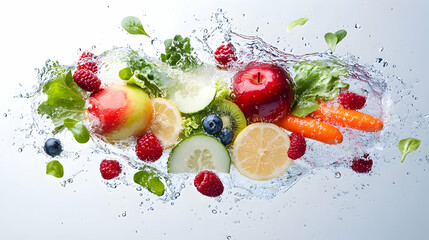 Fresh Fruits and Vegetables Splashing in Water