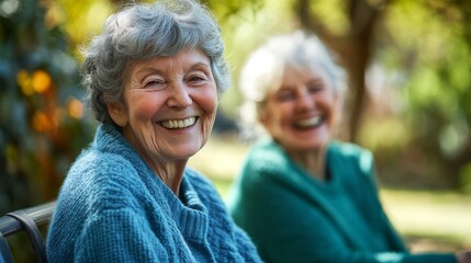 Fototapeta premium Smiling elderly women enjoying a sunny day outdoors, highlighting friendship and joy