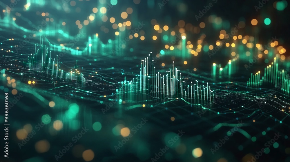 Poster abstract digital landscape with glowing lines and dots, representing data visualization and technolo