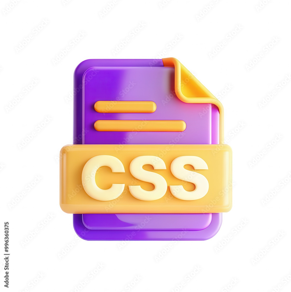 Poster a 3d rendered icon representing a css file. the file is shown with vibrant colors including purple a