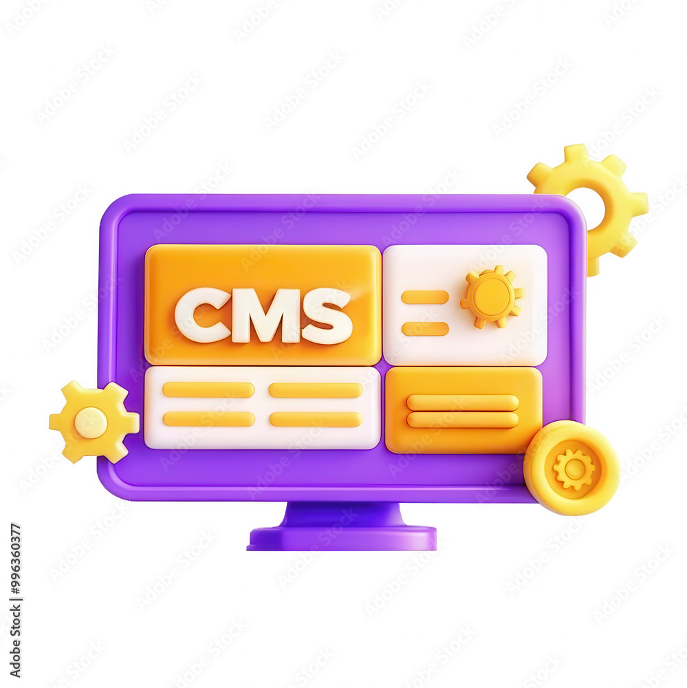 Poster A vibrant and modern 3D model of a computer monitor displaying a CMS interface with buttons and gears in bright colors.