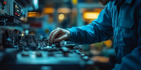 Technician Fine-Tuning Equipment, focused technician adjusting settings, blurred machinery in the background, soft ambient lighting creating a calm atmosphere
