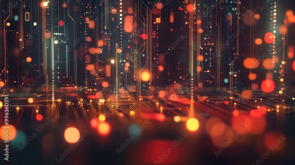 Poster high tech circuit board featuring digital nodes and a bokeh effect ideal for representing advanced t