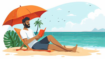 Reading book on sand beach. Man relaxing, sunbathing on summer vacation. Person reader resting on holiday. Relaxation under umbrella on sunny day. Flat vector illustration isolated on white background