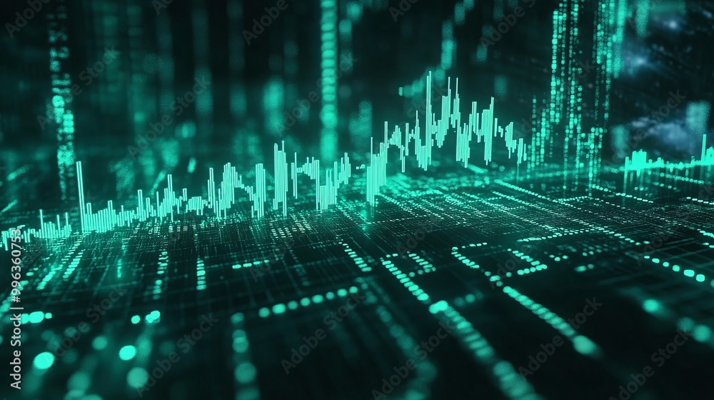 Poster abstract digital landscape with green data flow and metrics visualizations on a dark background.