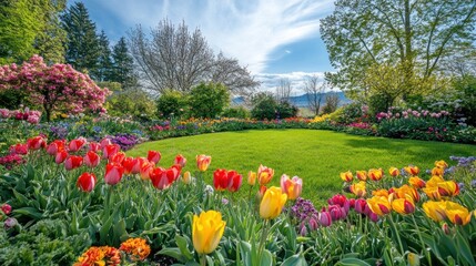 Gorgeous garden in May. The garden's blossoming blooms are emphasized by the verdant lawn. A wide variety of vibrant blooms and expansive vistas of breathtaking scenery