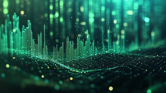 Abstract digital landscape with green glowing data visualizations and flowing lines on a dark background.