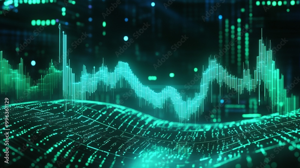 Poster abstract digital landscape with green glowing wave patterns and data visualizations on a dark backgr
