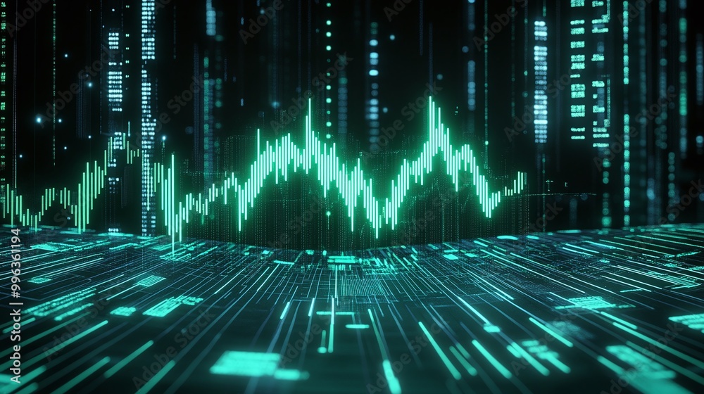 Poster abstract digital landscape with green waveforms and data streams on a dark background.