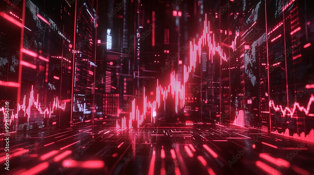 Poster abstract digital landscape with red glowing data patterns and fluctuating graphs, showcasing futuris