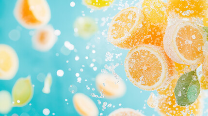 Refreshing juice-flavored candy mockup with splashes of citrus juice and vibrant background