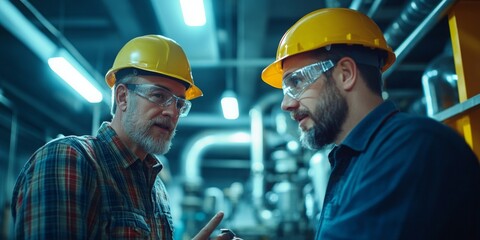Technician Consultation on Equipment Repairs, Tools and Equipment in Background, Bright Even Overhead Lighting