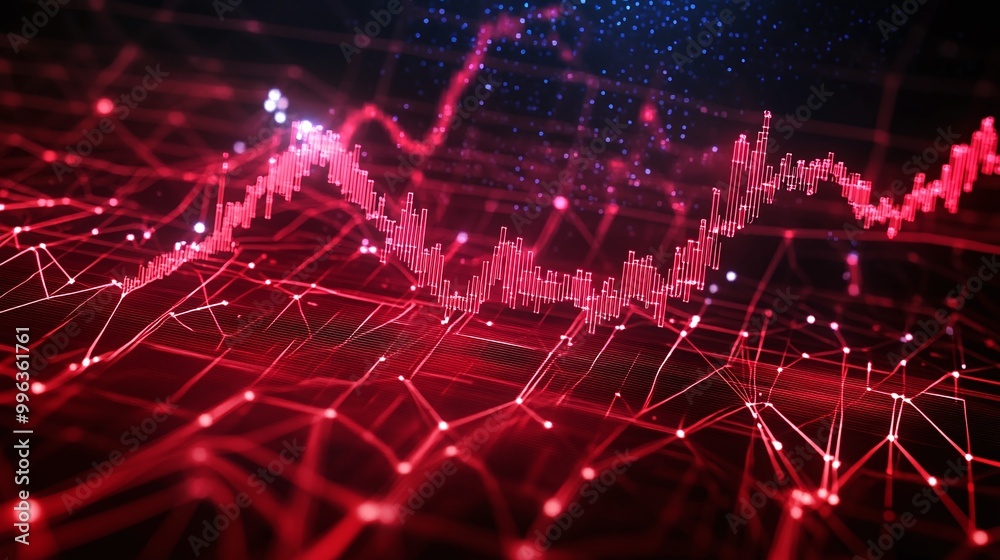 Poster abstract digital landscape with vibrant red lines and data points, representing data flow and analyt