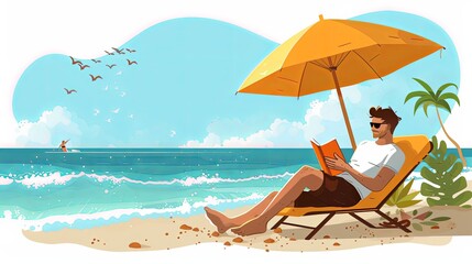 Reading book on sand beach. Man relaxing, sunbathing on summer vacation. Person reader resting on holiday. Relaxation under umbrella on sunny day. Flat vector illustration isolated on white background