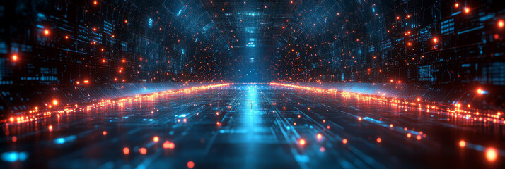 Abstract digital corridor with glowing lines and particles.