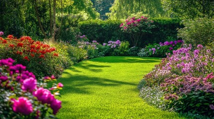 Gorgeous garden in May. The garden's blossoming blooms are emphasized by the verdant lawn. A wide variety of vibrant blooms and expansive vistas of breathtaking scenery
