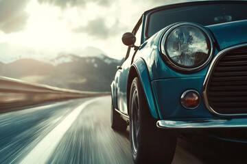 A blue mini car is driving down a road with mountains in the background.