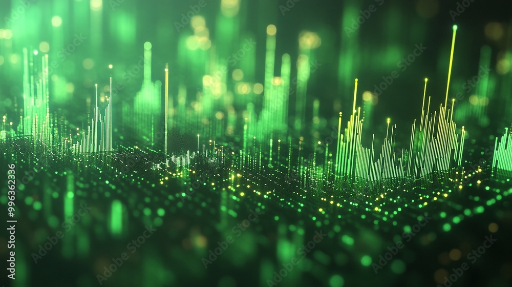 Poster abstract digital representation of data with green lines and particles on a dark background.