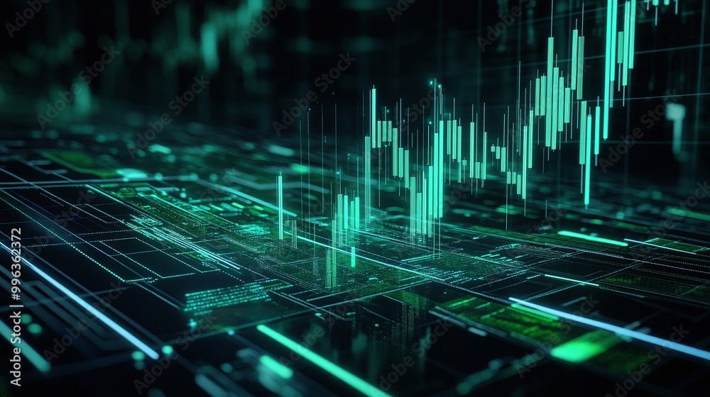 Poster abstract digital representation of financial data with green graphical elements and data visualizati