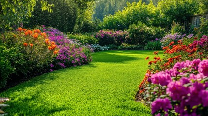 Gorgeous garden in May. The garden's blossoming blooms are emphasized by the verdant lawn. A wide variety of vibrant blooms and expansive vistas of breathtaking scenery