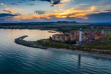 Aerial view to sea resort Aheloy on the Bulgarian Black Sea coast at sunset © niki spasov
