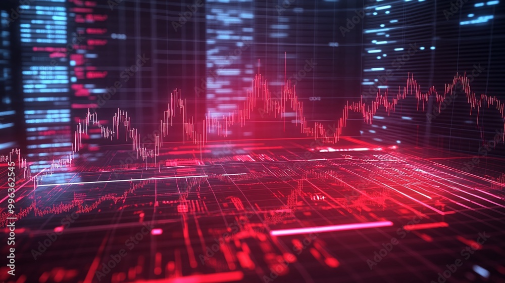 Poster abstract digital screen with red graphs and data visualization elements, conveying technology and an