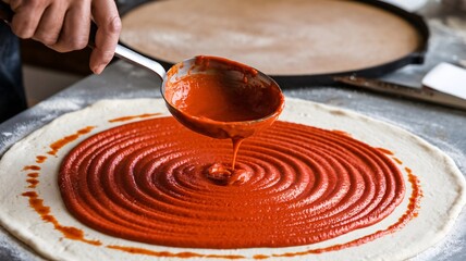 A close-up of a chef's hand skillfully spreading rich, red tomato sauce in a circular pattern on freshly prepared pizza dough. 