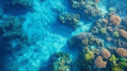 An amazing aerial view of a turquoise ocean with coral reefs, showcasing the vibrant underwater landscape from above.