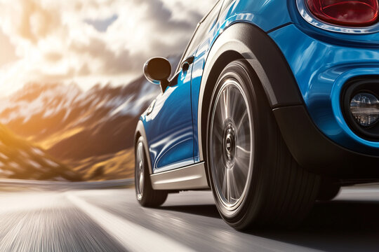 A blue mini car is driving down a road with mountains in the background.
