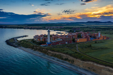 Fototapeta premium Aerial view to sea resort Aheloy on the Bulgarian Black Sea coast at sunset