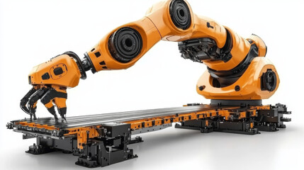 Fototapeta premium Orange robotic arm with a claw-like hand reaching down to a conveyor belt.
