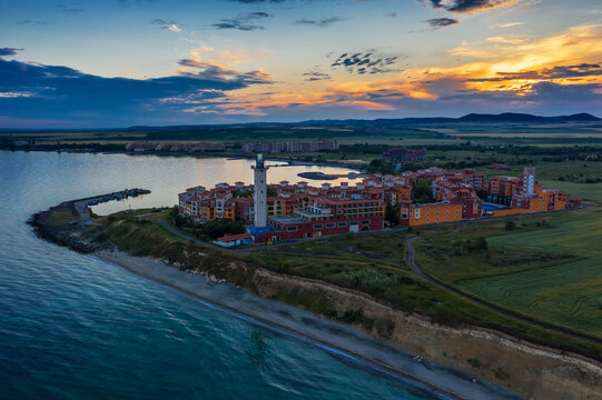 Aerial view to sea resort Aheloy on the Bulgarian Black Sea coast at sunset