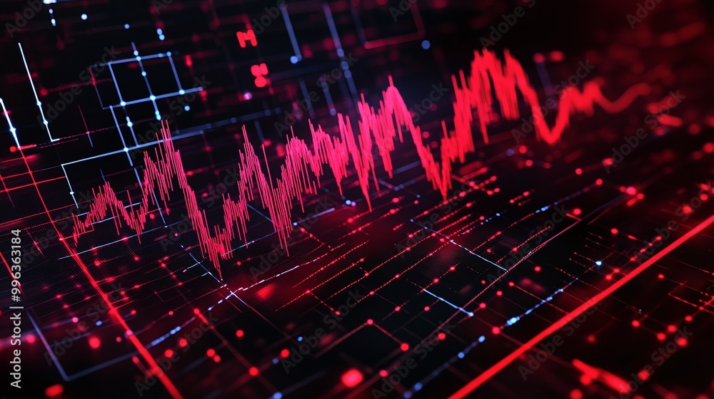 Poster abstract digital sound wave visualization in red tones with futuristic elements and grid pattern.
