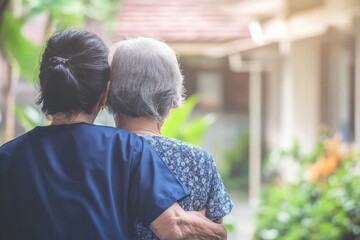 Nurse caregiver supports elderly woman walking outdoors