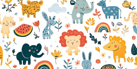 A cute doodle sticker sheet of cartoon animals, rainbows, and flowers