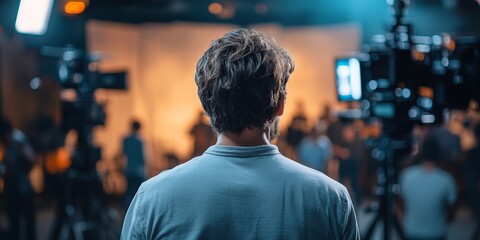 Casting Session in Progress, TV producer reviewing auditions with actors in the background, professional ambiance enhanced by soft lighting