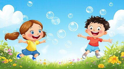 A smiling cartoon boy and girl chasing bubbles in a garden, with plenty of room for text in the sky.