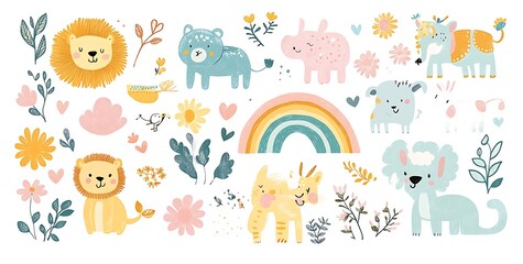 A cute doodle sticker sheet of cartoon animals, rainbows, and flowers