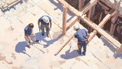 Fototapeta premium Construction workers aligning a structure, with precise tools, [Perfect alignment], [Construction site],