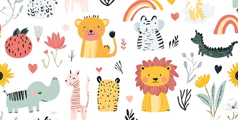 A cute doodle sticker sheet of cartoon animals, rainbows, and flowers