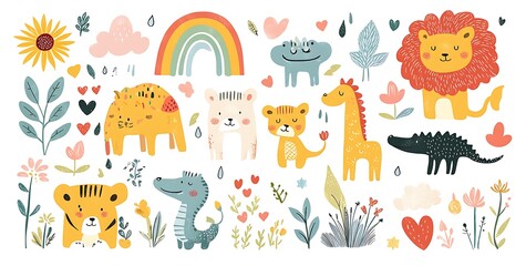 A cute doodle sticker sheet of cartoon animals, rainbows, and flowers