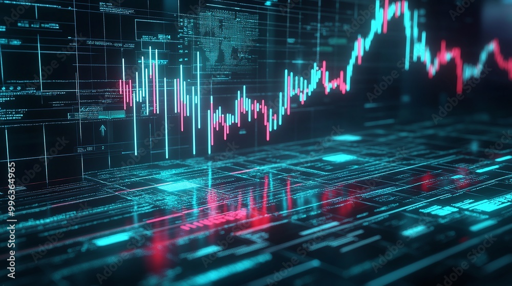 Poster abstract digital stock market chart with glowing data lines and fluctuating graphs on a dark backgro