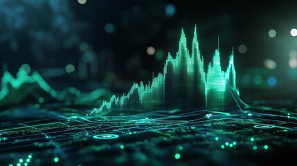 Abstract digital stock market chart with green data visualization against a dark background.