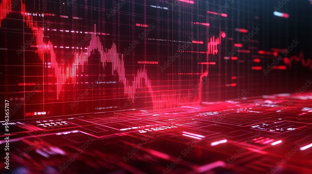 Poster abstract digital stock market data visualization with red graphs and data points.